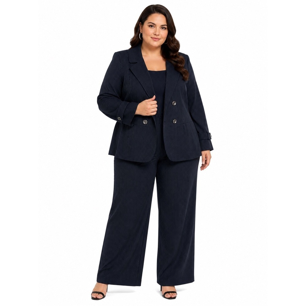 Tahari ASL 16 Black Pinstripe Suit Womens Double Breasted Wide Leg Pants